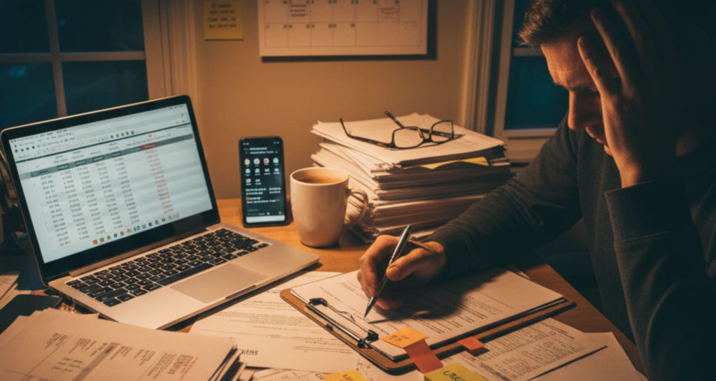 A blog banner image showing a stressed home owner.